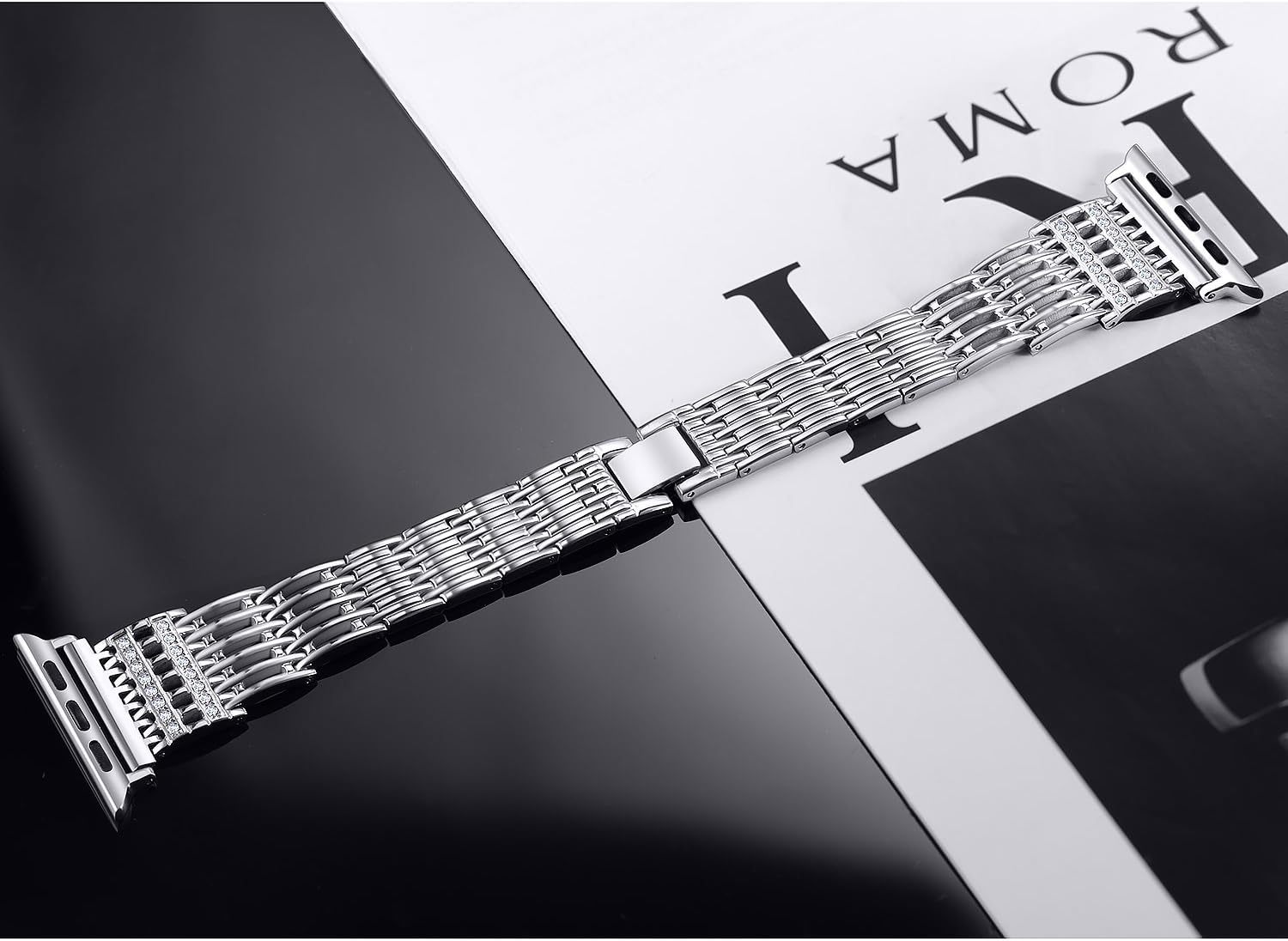 Secbolt Bling Bands Compatible with Apple Watch 38mm 40mm Iwatch Series 6/5/4/3/2/1/SE Stainless Steel Hollowed-out Replacement Wristband, Silver