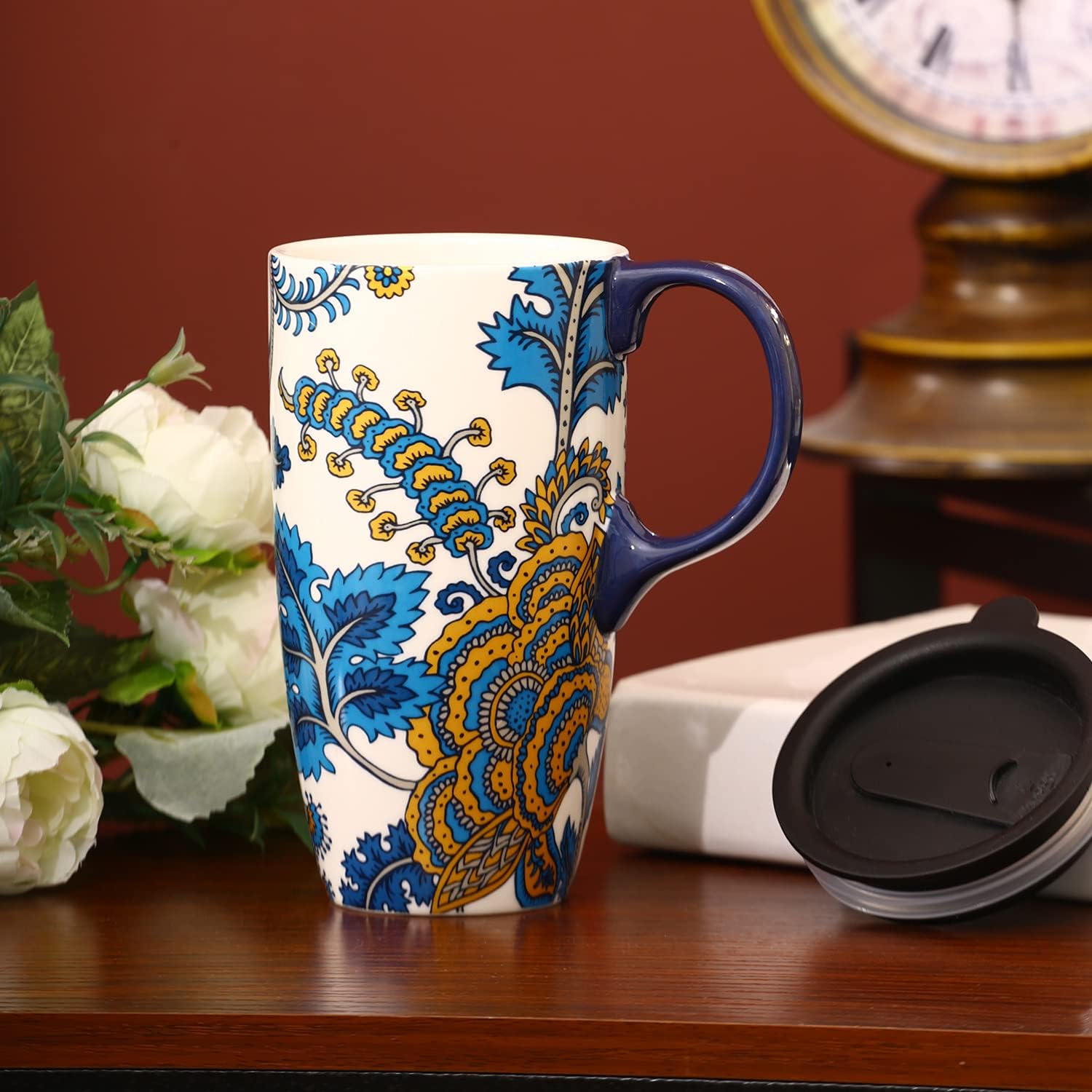 Topadorn Ceramic Mug with Lid and Handle,17oz. Tall Coffee Cup for Home,Party and Birthday,Blue Flower - Image 2
