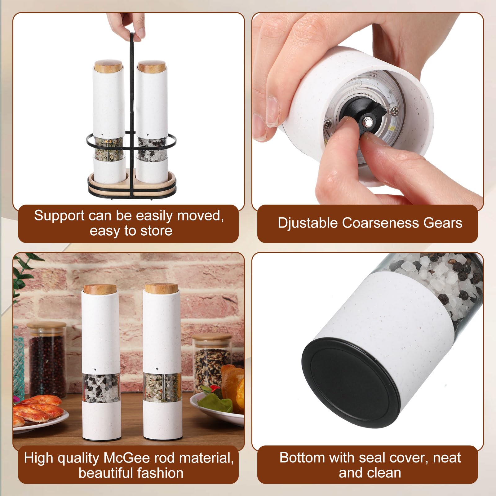 Threlaco Il set di macina sale e pepe elettrico include 2 confezioni di macinapepe a batteria con grossolanità regolabile, 1 base portatile a prova di fuoriuscite, smerigliatrice leggera per cucina e