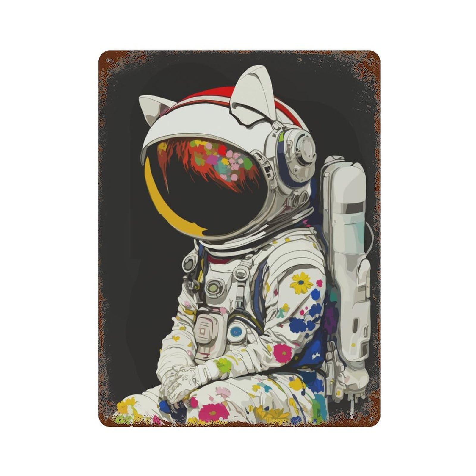 Astronaut Helmet Cat Rust Effect Tin Sign 15.7"x11.8", Ideal for Farmhouse, Kitchen And Entryway Decor