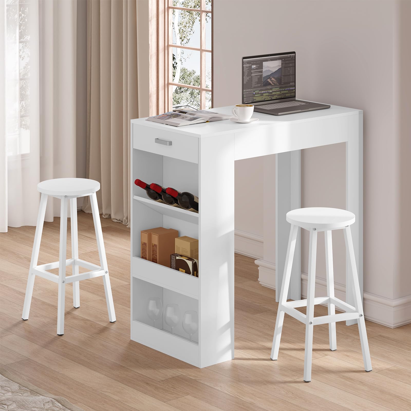 Tabouret de Bar Lot de 2, Haut 64.5cm, Blanc | Tabouret Fixe Haut, Chaise Haute Cuisine, Siège Rond en Bois d'Ingénierie, Structure Métallique, Repose-pieds