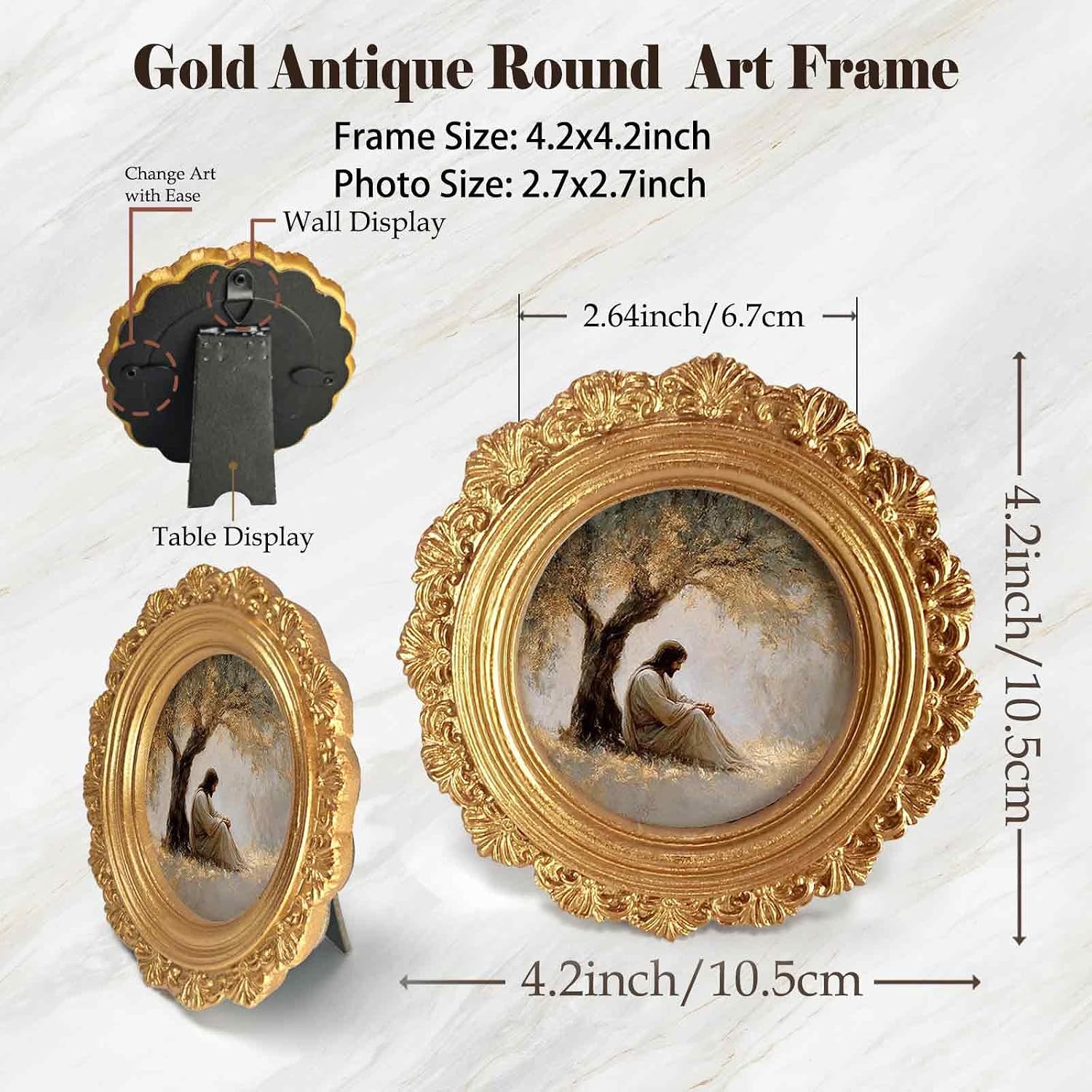 Small Vintage Christian Jesus Round Picture Frame Wall Decor,Christ in Gethsemane Gold Mini Ornate Photo Frame for TableTop 2.7in Photo,Bible Verse Framed Artwork for Walls Office Prayer Room image 4