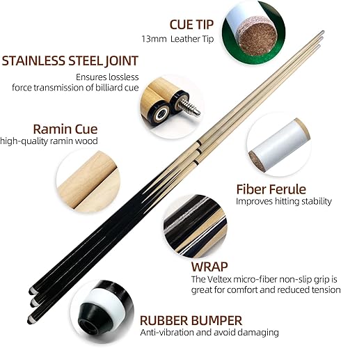 Miniatura 3 de Taco de billar con junta de acero inoxidable, punta de cuero de 0.51 pulgadas, agarre antideslizante, transmisión de fuerza sin pérdidas para palos
