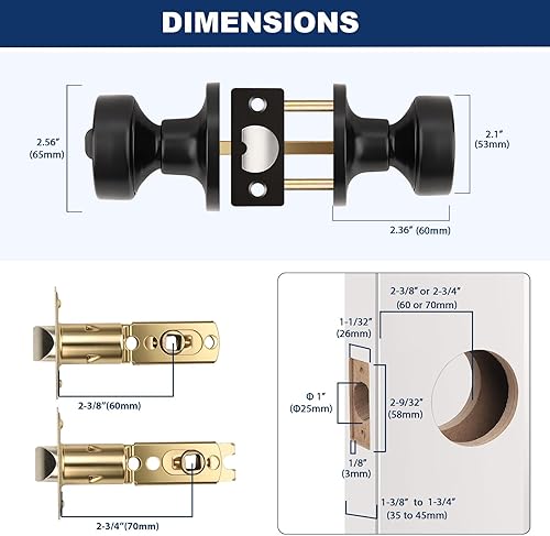 Miniatura 2 de Orger Paquete de 1 pomo de puerta interior negro mate, perilla de puerta de privacidad reversible con cerradura, pomo redondo sin llave para baño y