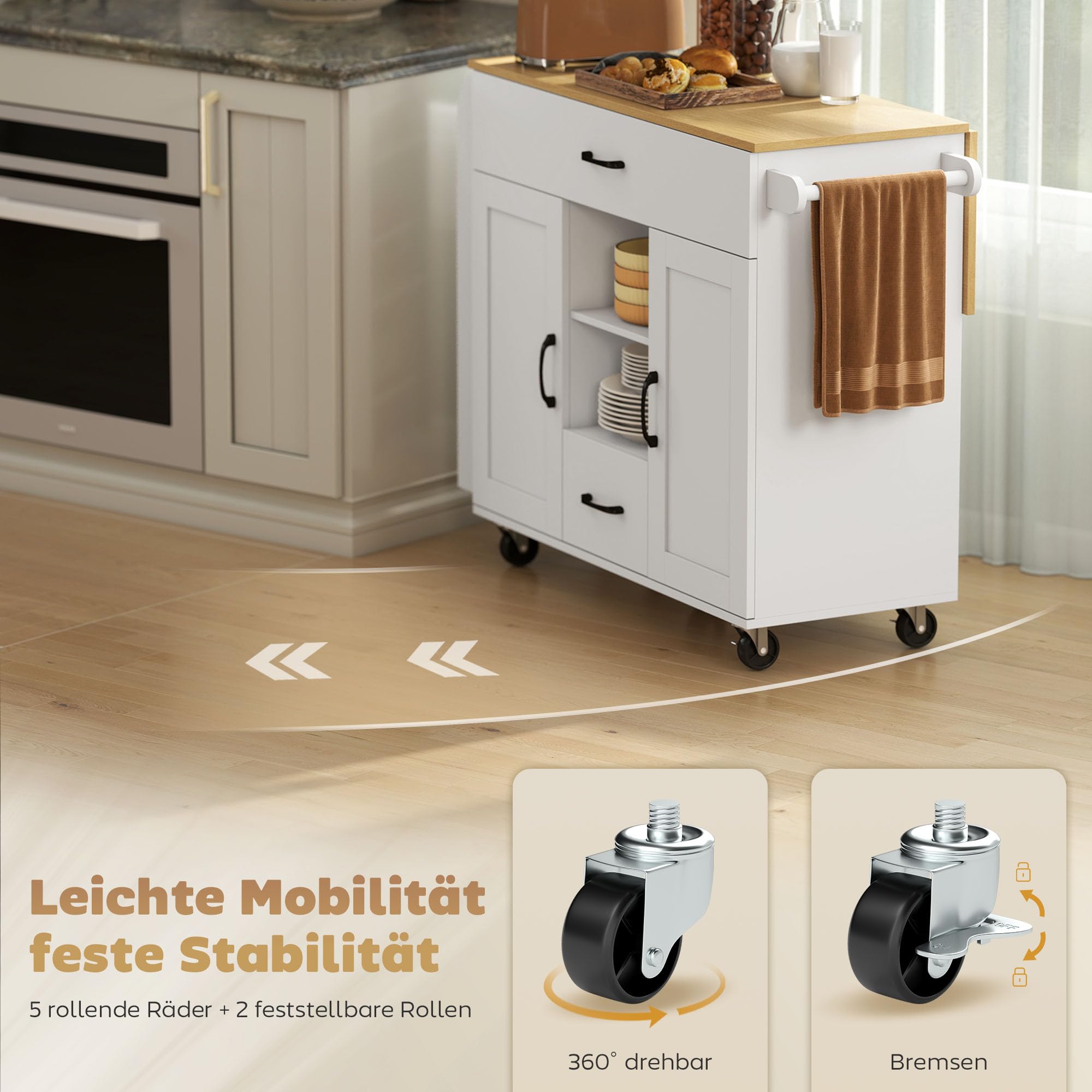 HOMCOM Kücheninsel Küchenwagen auf Rollen mit 2 Schubladen, 2 Soft-Close-Türe, ausklappbare Arbeitsfläche, Servierwagen mit Gewürzregal, Handtuchhalter, verstellbaren Regalen 115x40(70) x89 cm Weiß