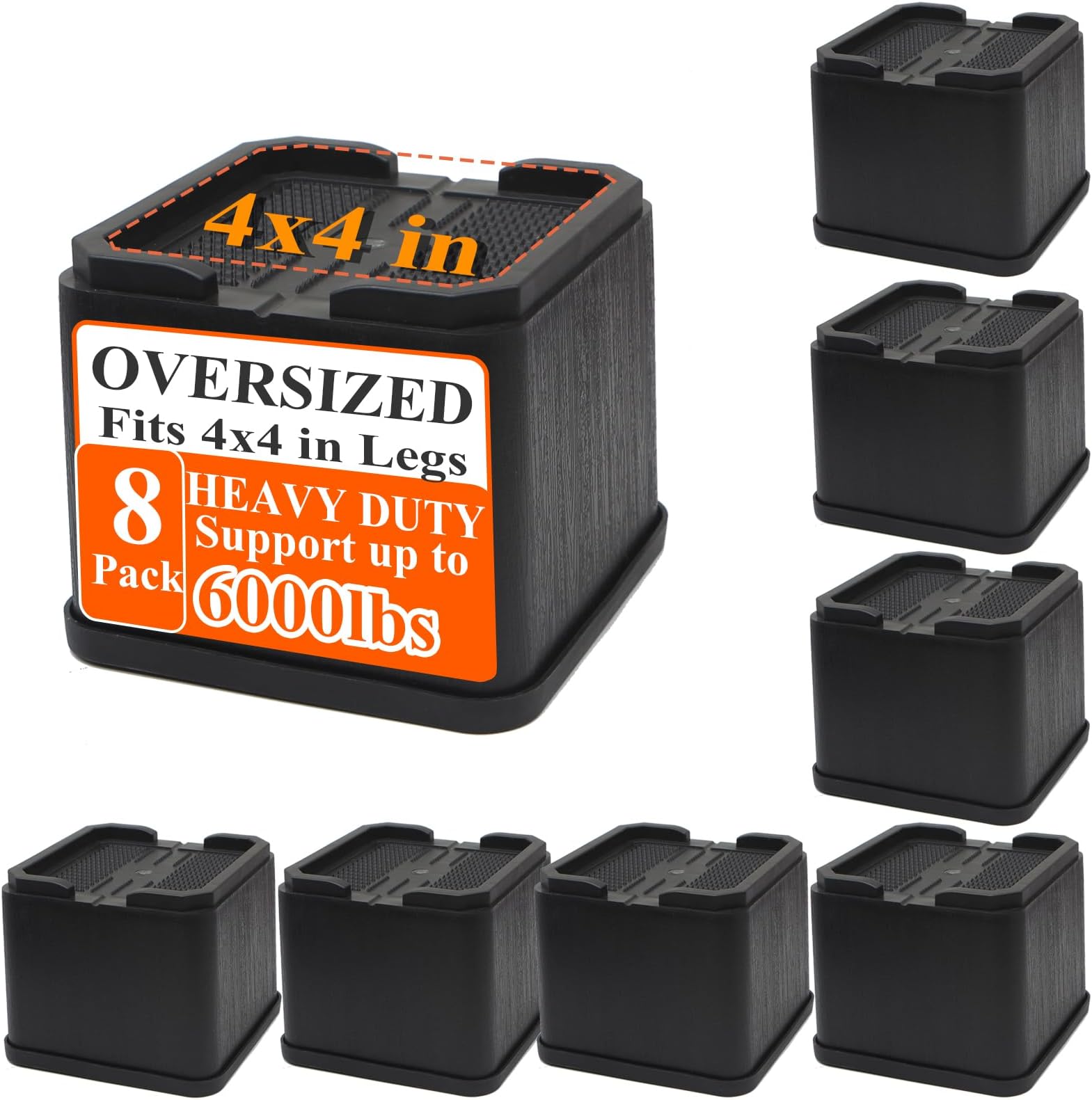 MYMULIKE Bed Risers Oversized 8 Pack, 4 Inch Heavy Duty Furniture Risers Support Up to 6000lbs, Adjustable 8 Inch Bed Raising Blocks Couch Risers for College Dorm Rooms, Tables, Desks