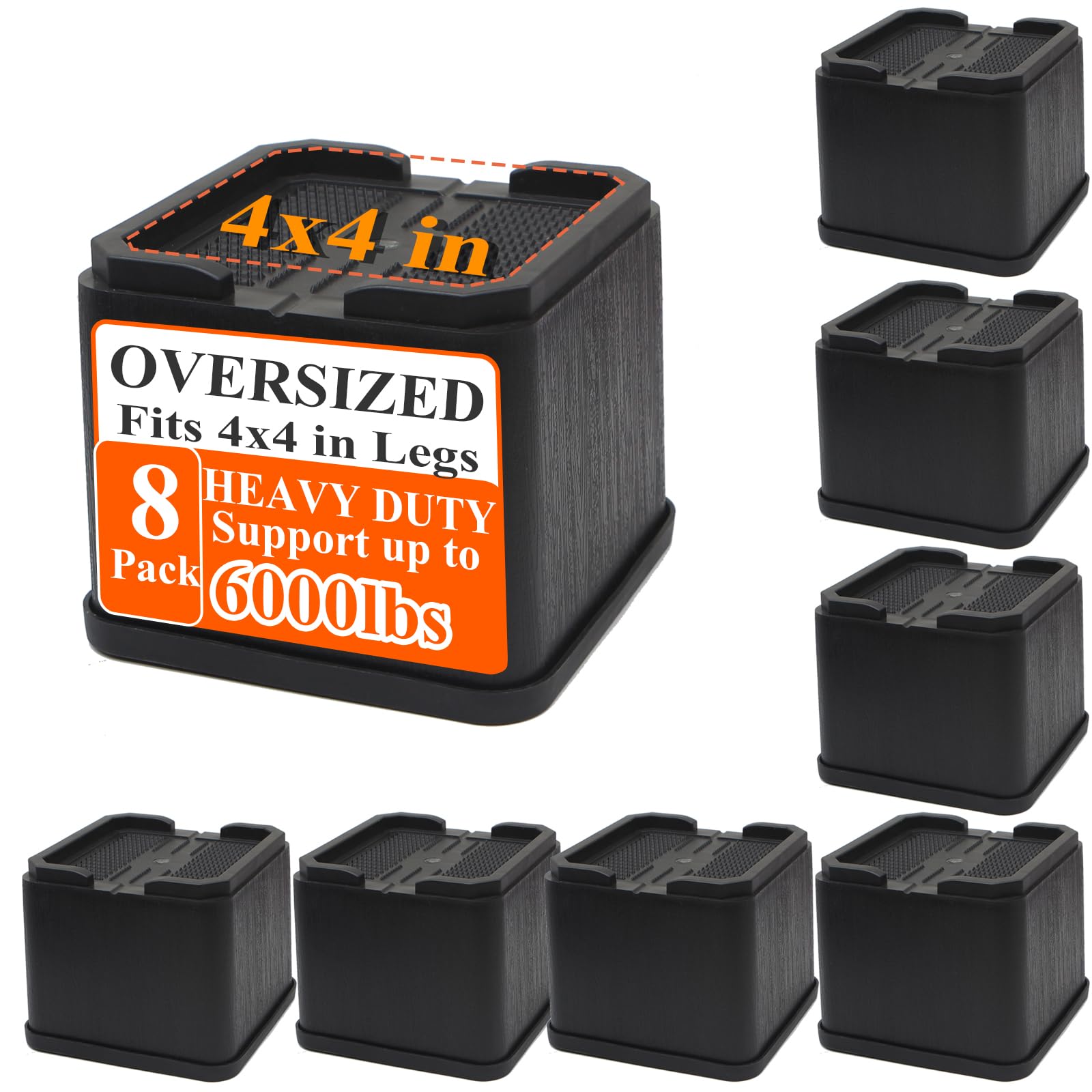 Bed Risers Oversized 8 Pack, 4 Inch Heavy Duty Furniture Risers Support Up to 6000lbs, Adjustable 8 Inch Bed Raising Blocks Couch Risers for College Dorm Rooms, Tables, Desks