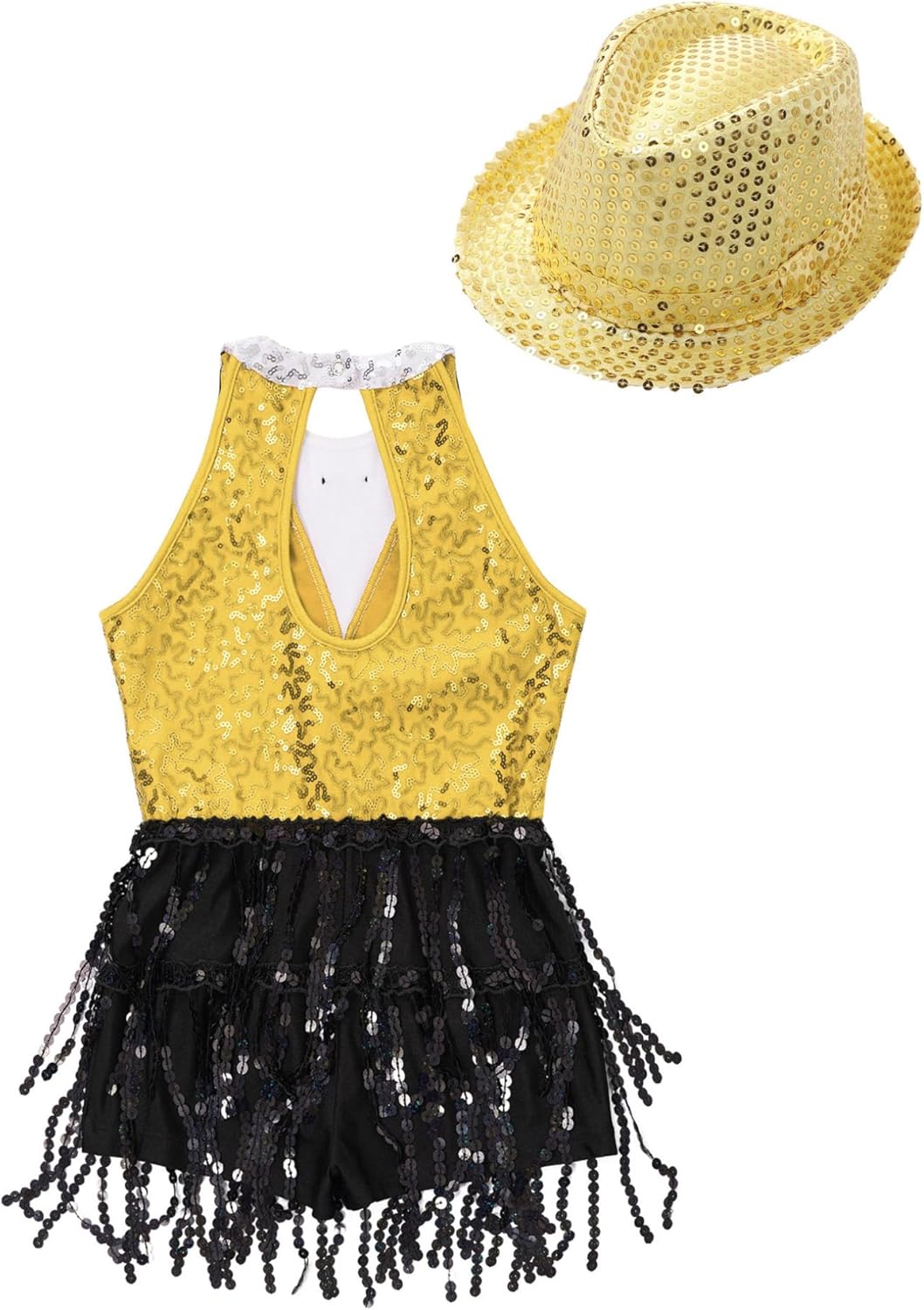 ACSUSS Sleeveless Jazz Dance Dress for Kids Girls Sequin Tap Latin Ballroom Dance Dress Performance Costume and Hat