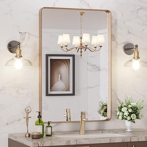 Miniatura 3 de LOAAO Espejo de baño dorado de 24 x 36 pulgadas, espejo rectangular redondeado con marco dorado, espejo de tocador de baño dorado cepillado montado