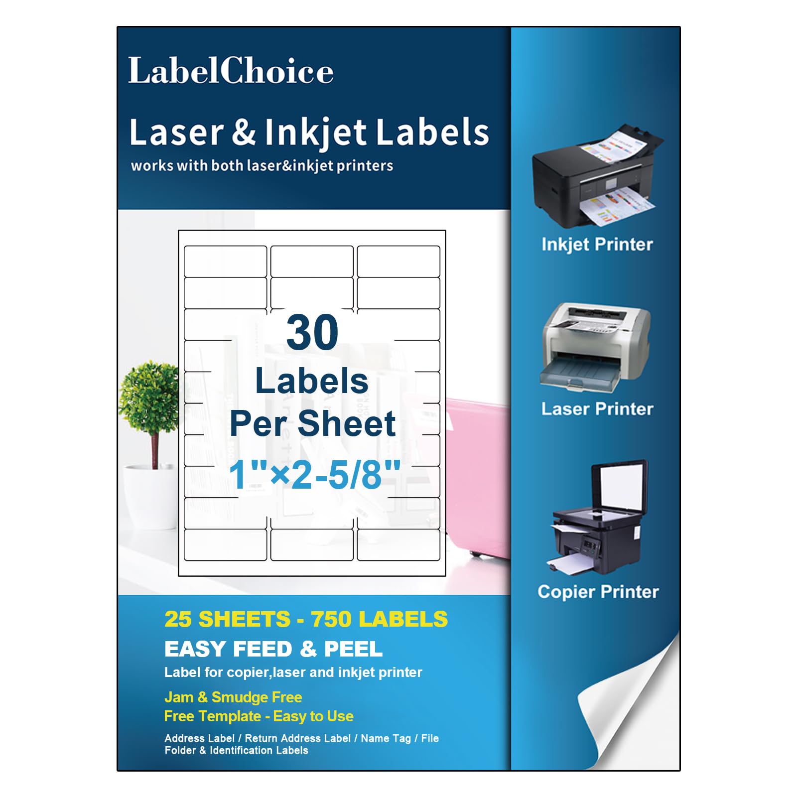 25 Sheets 750 Labels 30-up 1" x 2-5/8" Shipping Address FBA Labels for Laser & Inkjet Printers, 30 Up Labels 1 x 2-5/8 on US Letter,30 per Sheet Return Address Labels, 30 per Page Labels