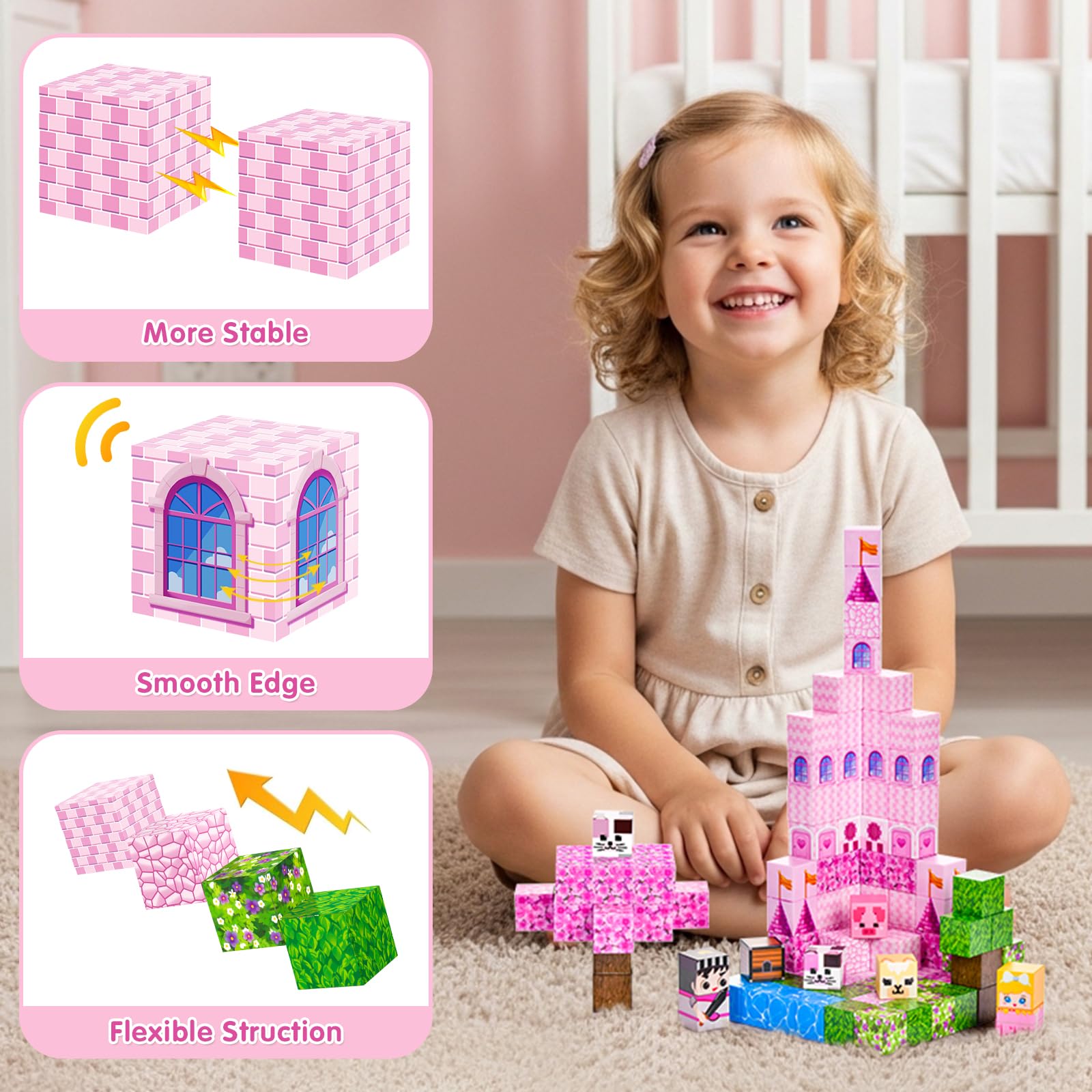 Bloques Magneticos Construcción Niños 100 Piezas Bloques Magneticos Castillo Rosa Juego Magnetic Blocks Juguetes Sensorial Stem Montessori Regalos para 3+ Años