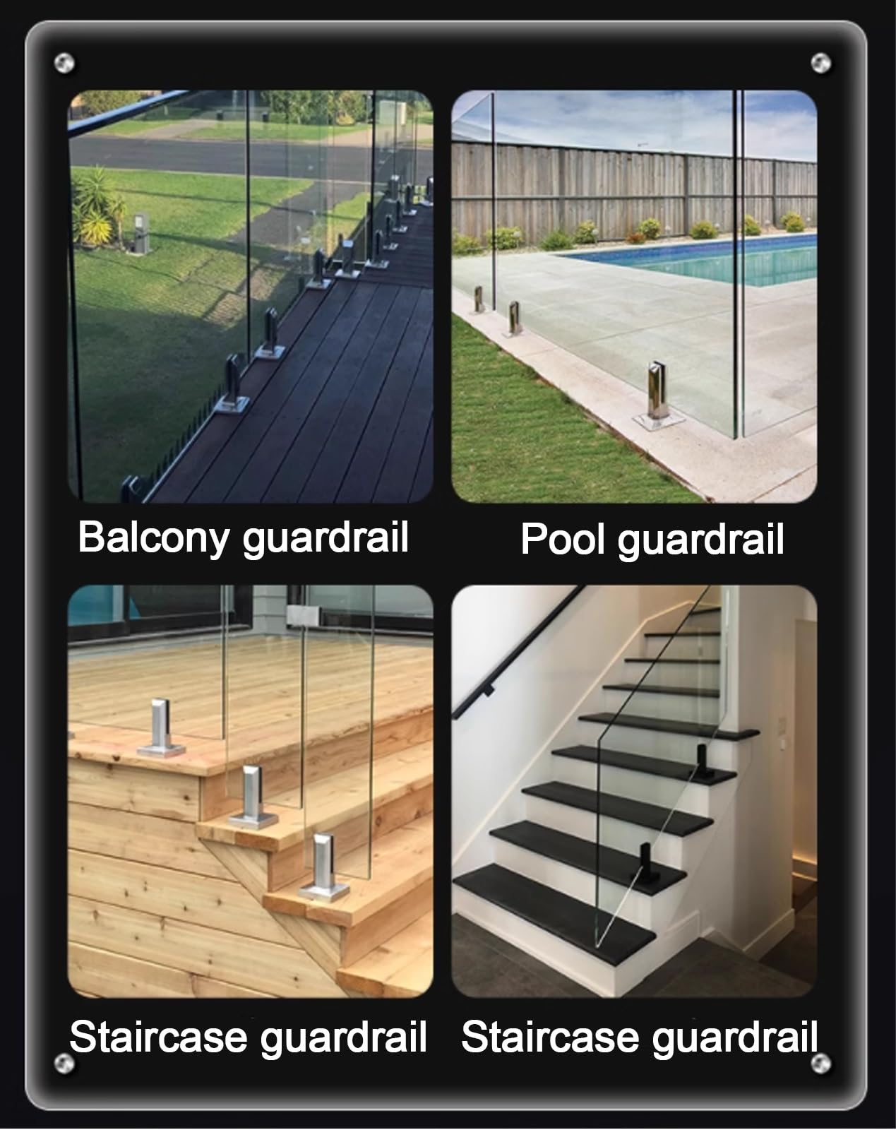 Poste para barandilla de Vidrio, Abrazadera de Acero Inoxidable de 20 cm, Color Negro, Soporte de Poste de Espiga de 7,8" para Piscina, terraza y escaleras. Se Adapta a vidrios de 10-13 mm d