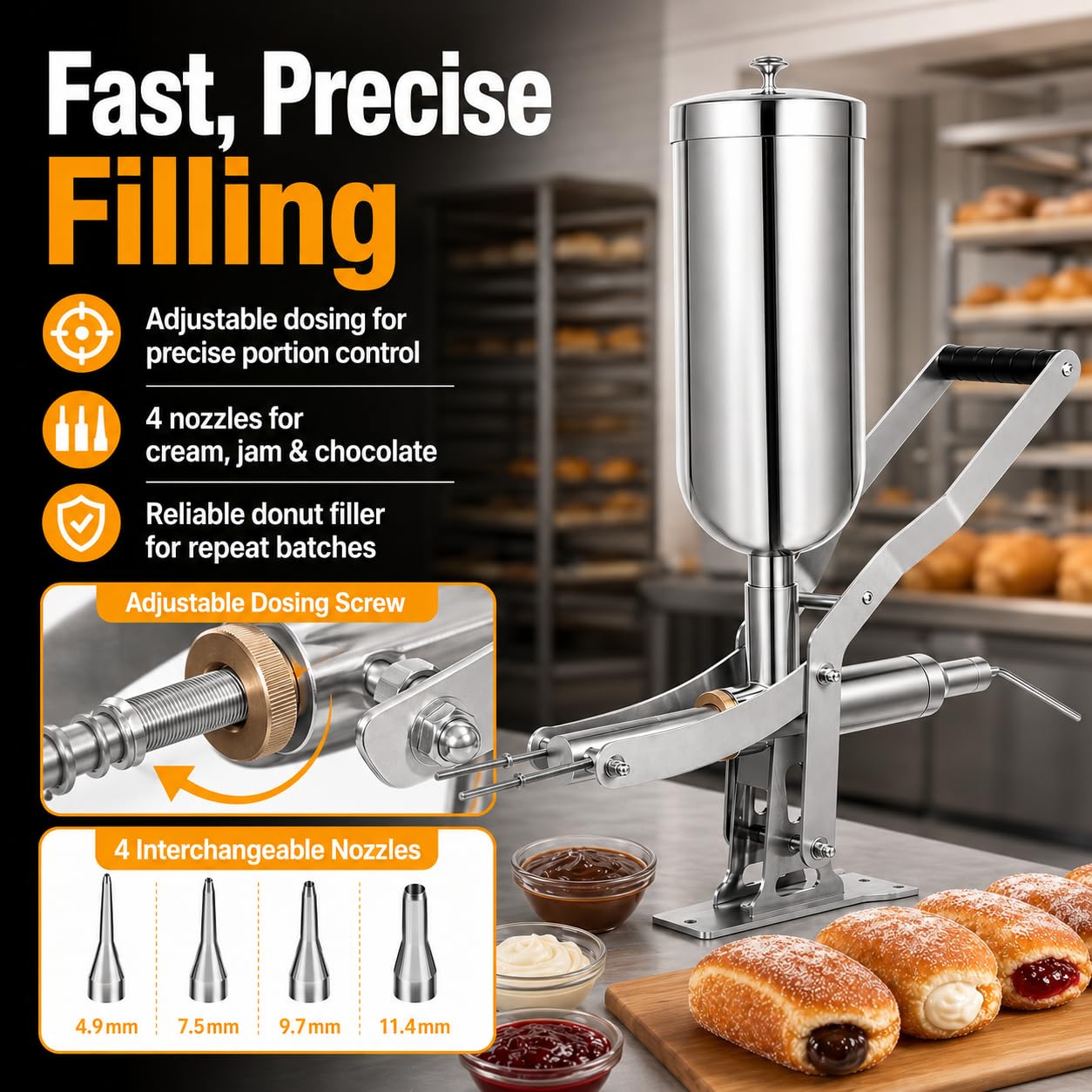 Riempitrice per ciambella commerciale, riempitrice per crema in acciaio inox da 5 litri con 4 ugelli antigoccia per panetterie e ristoranti, attrezzatura da cucina ideale