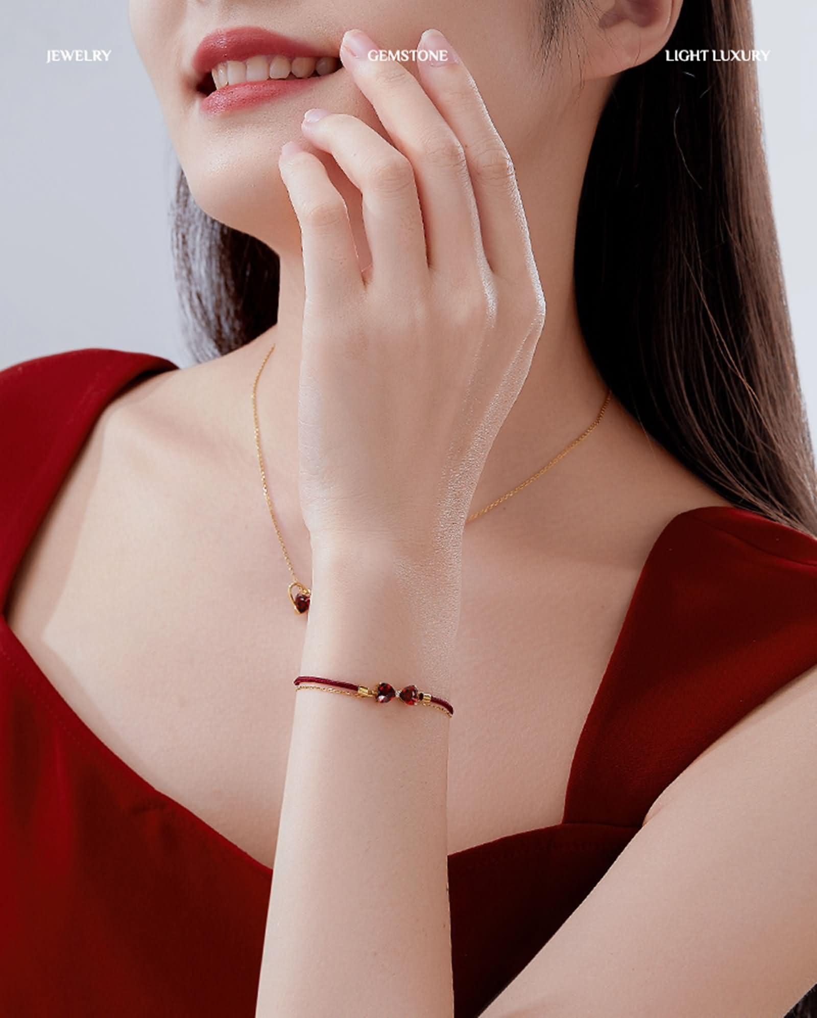 Pulseras de oro de 9 quilates para mamá, cuerda doble y cadena con granate y diamante de 2 quilates, pulseras hechas a mano para mujer, 19 + 3 cm