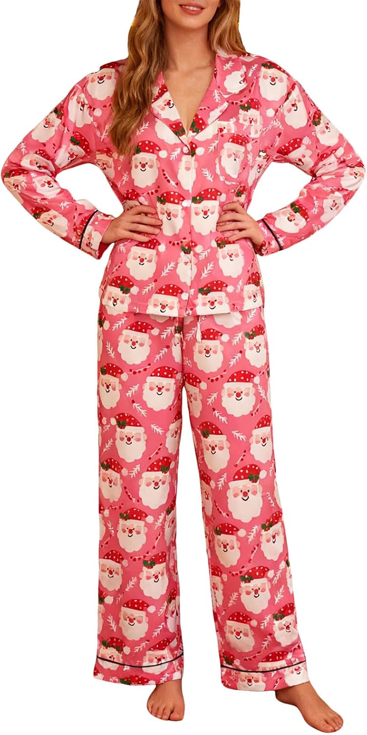 Women Christmas Print Pajamas Set Long Sleeve Button Down V-Neck Shirt Elastic Waist Wide Leg Pants Loose Fit Sleepwear