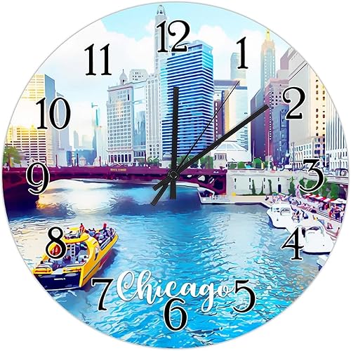 American Cities in Illinois States - Reloj de pared de madera con diseño de ciudades estadounidenses y Chicago, reloj de pared colgante de granja,