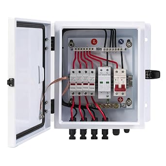 PV Combiner Box 4 String, IP65 Waterproof Solar Combiner with Lightning Arrester, Metal Box, 20A Rated Current Fuse and Circuit Breakers for On/Off Grid Solar Panel System