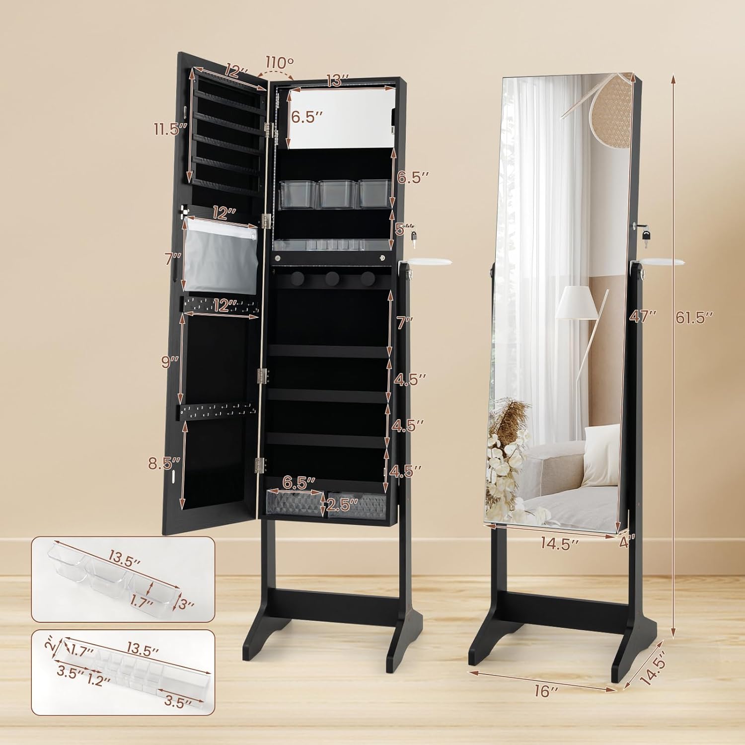 GOFLAME Jewelry Cabinet Armoire, Lockable Freestanding Jewelry Storage Organizer with Full-length Frameless Mirror, 3-Color LED Lights, 3 Adjustable Angles, Hair Dryer Holder for Bedroom (Black)