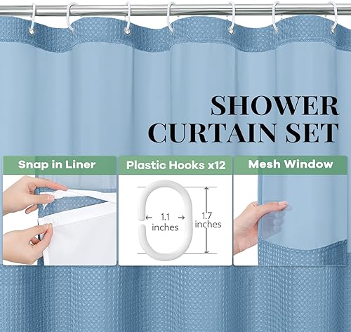 Vista 179 de Dynamene Cortina de ducha larga de tela negra – Cortinas de ducha de tela alta y resistente con textura de gofre, juego de cortina de baño de lujo