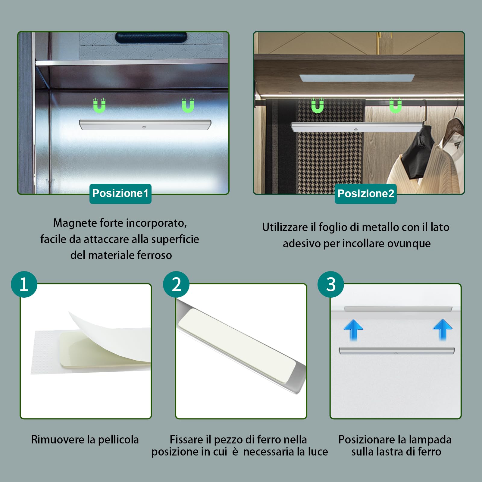 LEPOTEC Luce Armadio da 52 LED per Utilizzo Interno, Illuminazione a Batteria Ricaricabile con Sensore di Movimento, per Armadi, Cassetti, Corridoio, Camera da Letto, Colore Argento, 2 Pezzi