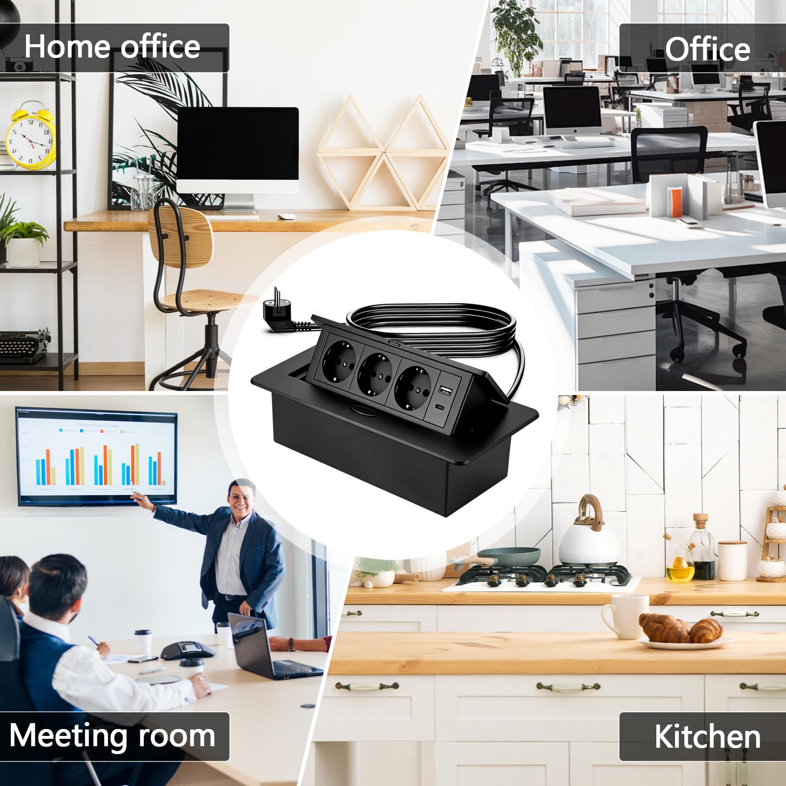 Aluminium Enchufe de Mesa Empotrable, Salida de Enchufe Retráctil con 3 Enchufes, Puertos USB y Tipo C, 4000W/16A Regleta Retráctil para Cocina, Escritorio y Oficina, Cable de 1,8M