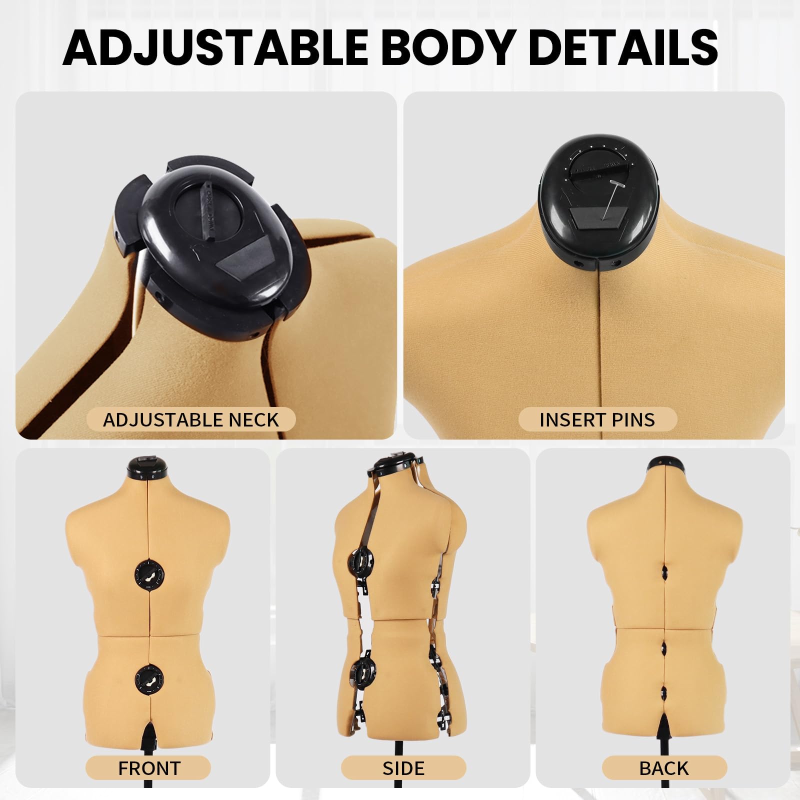 Maniquí ajustable de cúrcuma para coser talla femenina 12-18, cuerpo de modelo pinnable con 13 esferas, ruedas desmontables, rango de altura de 42.5 a 60 pulgadas para exhibición de ropa, mediano a