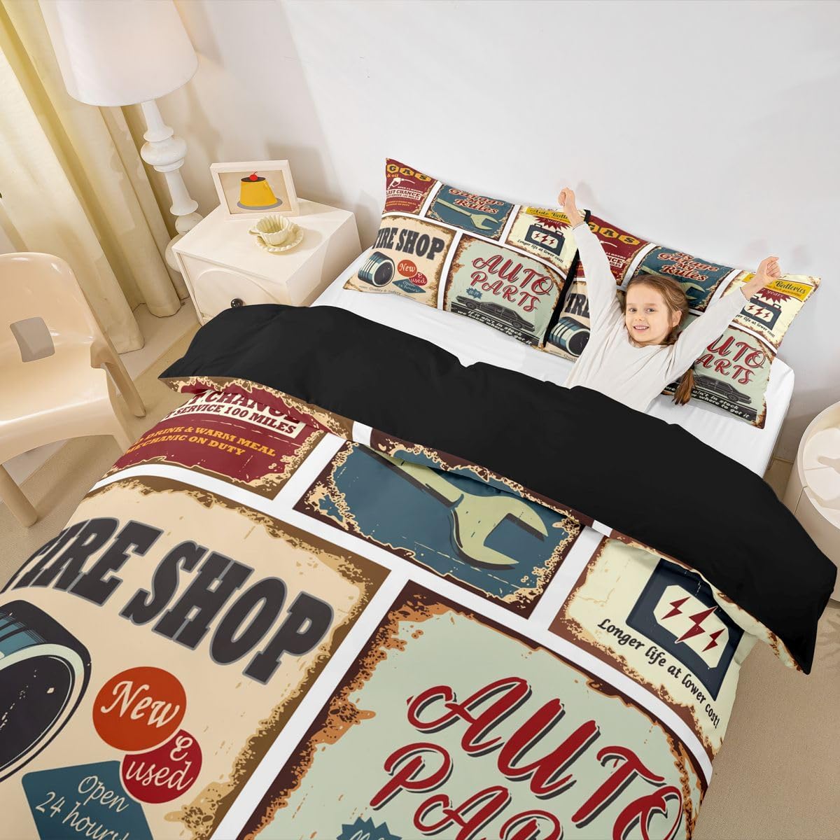 Erosebridal Vintage Car Signs Comforter Cover for Boys, Automobile Pattern Duvet Cover, Repair Vehicle Garage Bedding Set Queen Size for Kids Girls Teens, Classics Servicing Quilt Cover Bedroom Decor