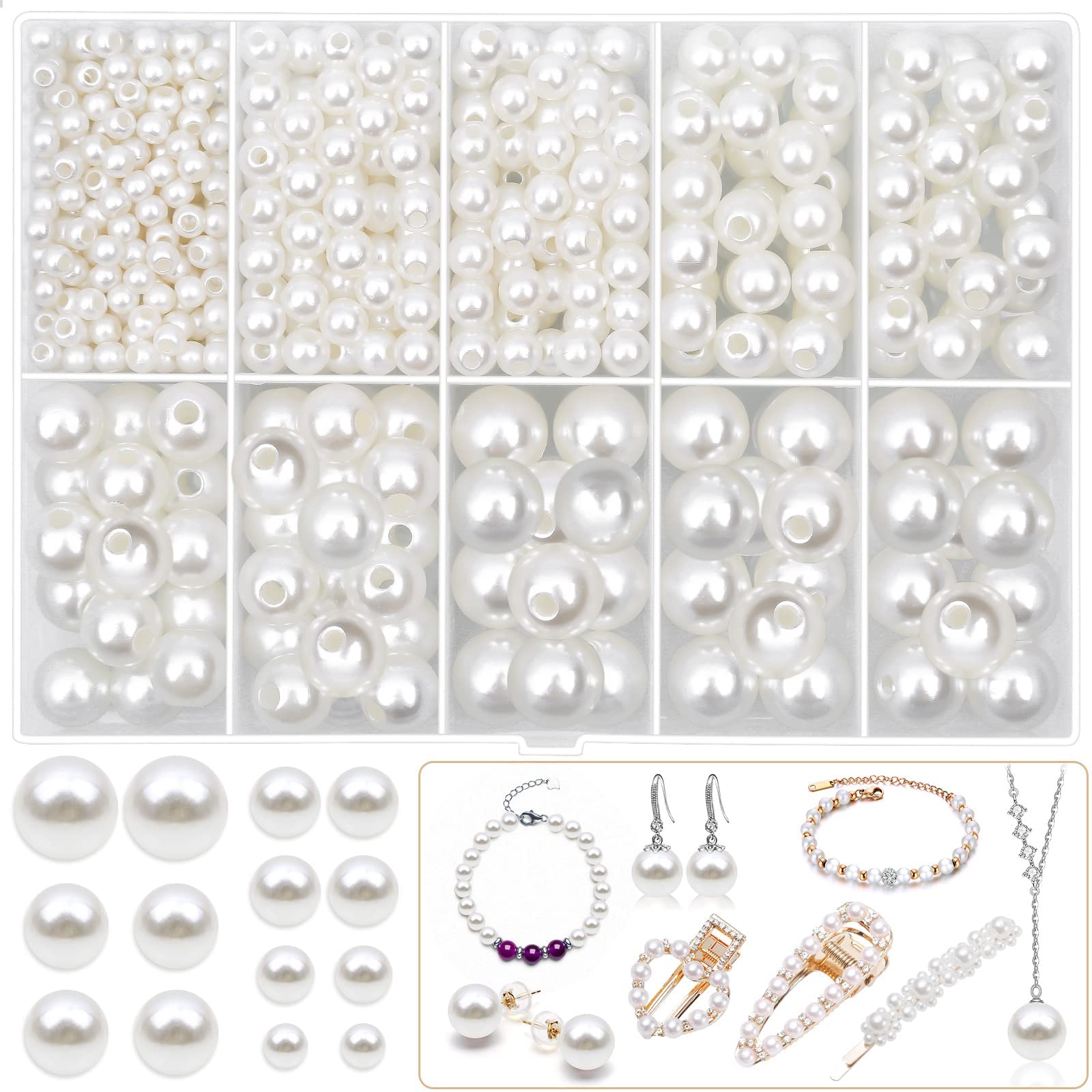 440PCS Pearl Beads 4mm 6mm 8mm 10mm 12mm 14mm, 6 Sizes Round Pearl Beads Loose Bracelet Pearls White Pearl Beads with Hole for DIY Craft Handmade Jewelry Making Bracelets Earring Necklace