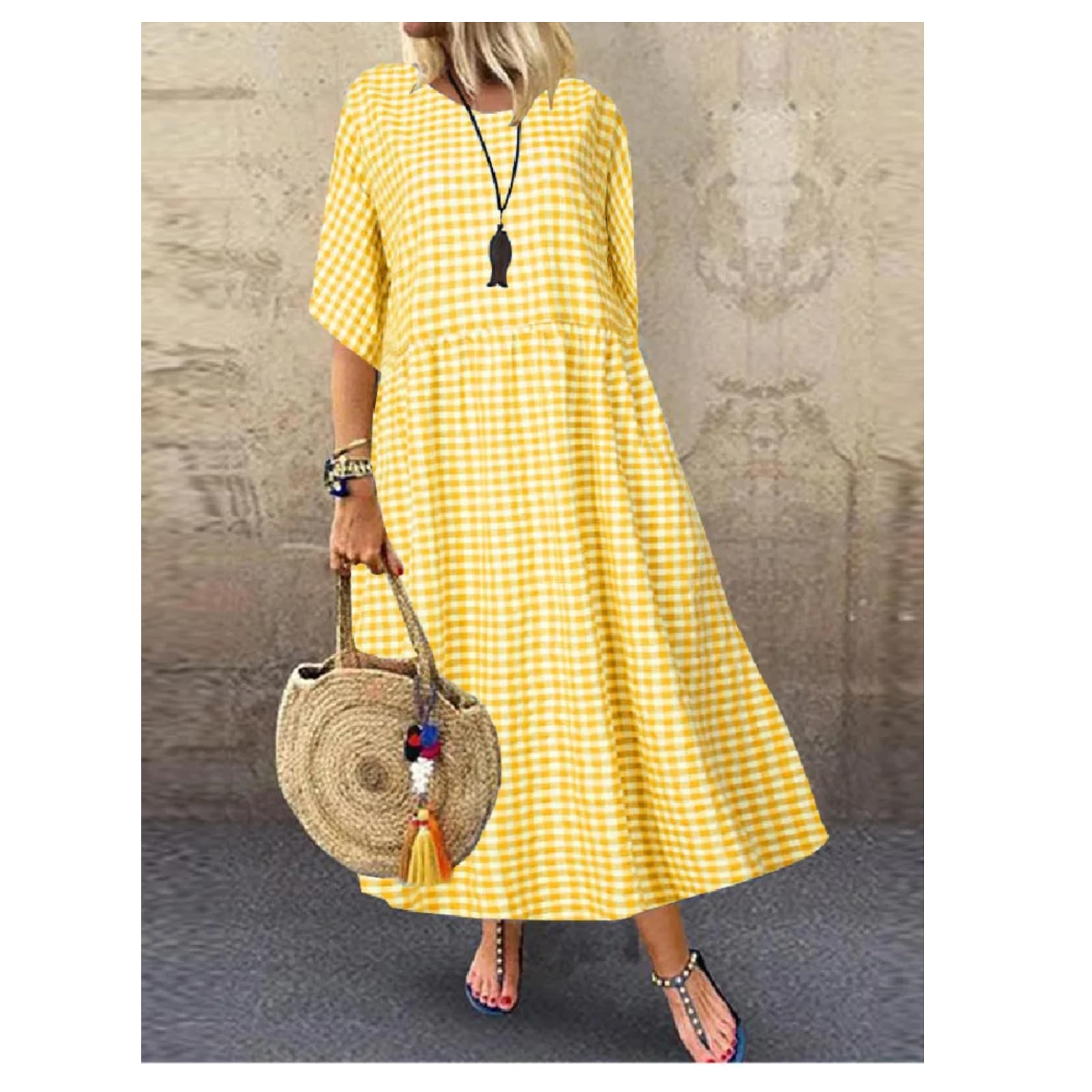 Vestido de Verano para Mujeres, Elegante Cuadro, Bata Estampada, Moda, Casual, Fiestas, una línea de Vestido Largo Oversize