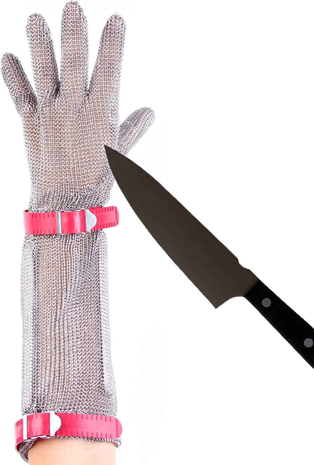 Guantes de acero inoxidable resistentes a cortes, 20 cm de longitud, con muñequera de plástico, alto nivel de protección (L)