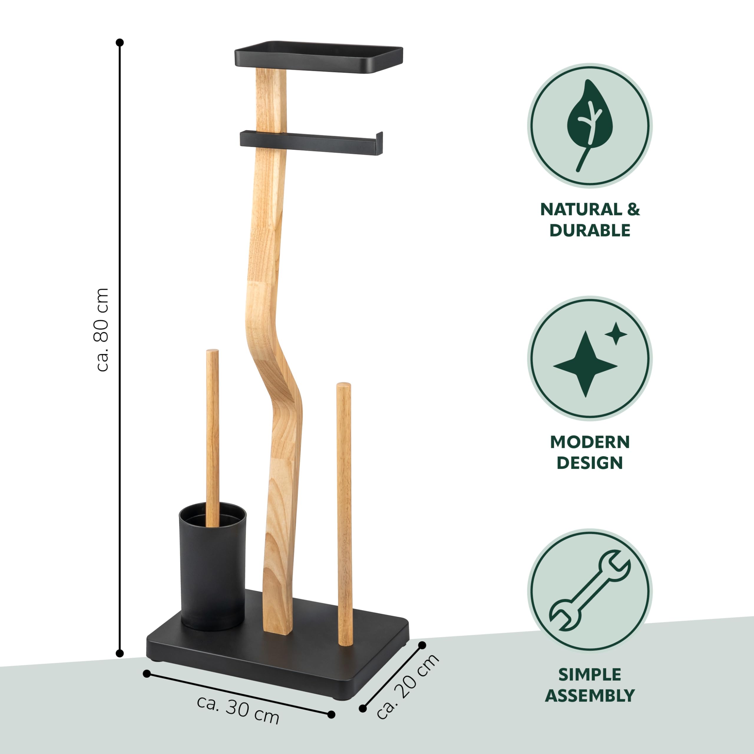 eluno Set WC 4 in 1, set WC autoportante con scopino per WC, 2 testine di ricambio, porta rotolo per 3 ruote e ripiano, in legno certificato FSC e metallo (nero)