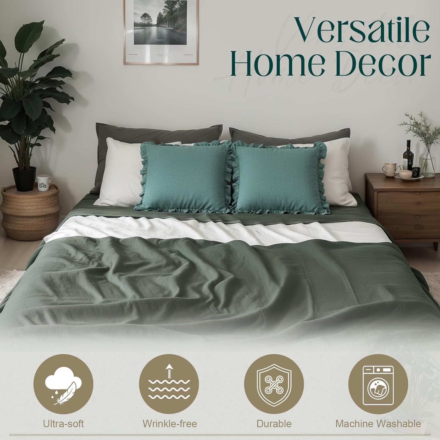 Set of 2 Dark Green Ruffle Throw Pillows with Inserts Decorative Linen Zippered Pillows 18 x 18 Inch Include Detachable Pillowcase and Non Woven Fabric Inserts for Cushion Bed Couch Sofa
