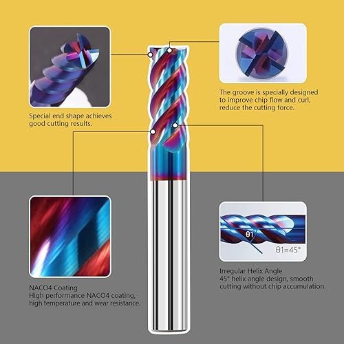 Miniatura 3 de Juego de 5 fresas de extremo de punta cuadrada de carburo sólido de 14 "65HRC fresas de acero de tungsteno 4 flautas CNC brocas de fresado para