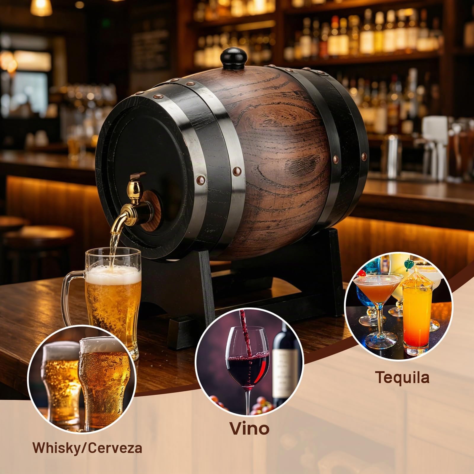 Barril de Whisky, Barril de Roble de 3 Litros, Dispensador de Vino con Grifo, Madera de Roble, para Hogar, Cafetería, Restaurante, Hotel
