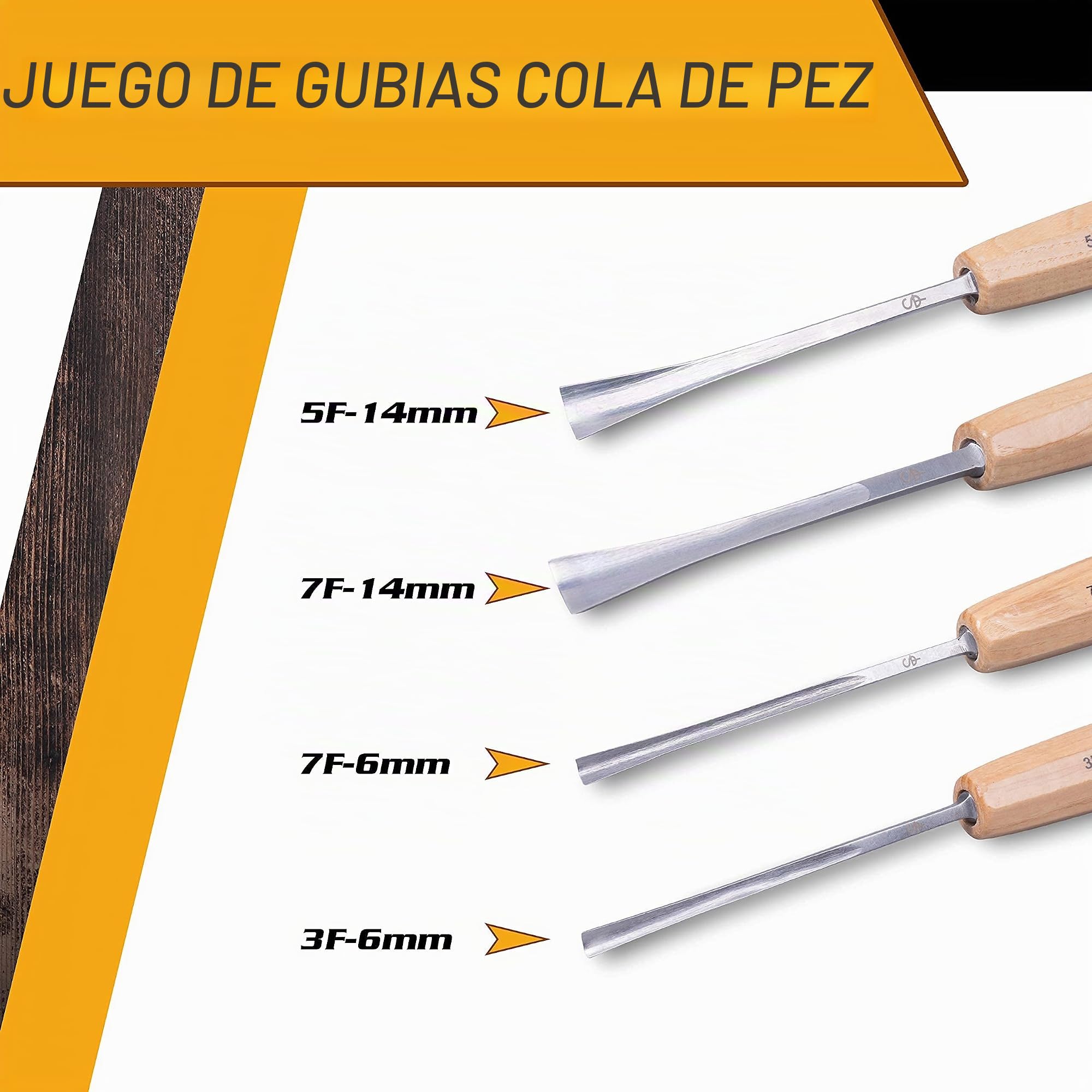 Schaaf Wood Carving Tools Juego de 4 cinceles con estuche de lona | Gubias de cola de pez para llegar a espacios que otros cinceles no pueden | Cuchillas de acero CR-V 60 afiladas | Kit de tallado de