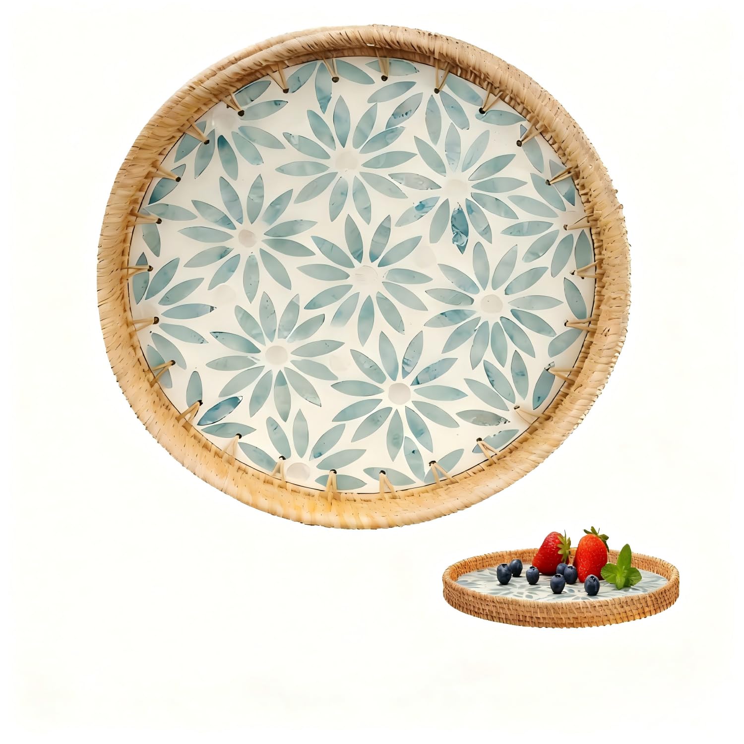 Vassoio Rotondo In Rattan Intrecciato A Mano, Decorativo Bohémien, 30 Cm