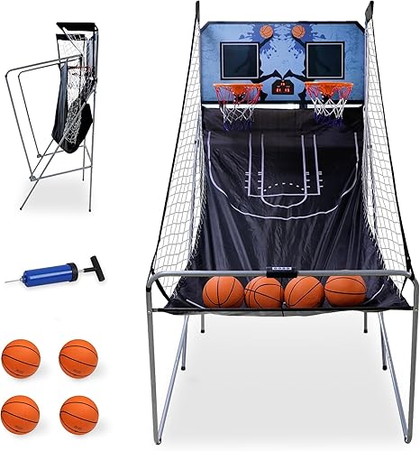JupiterForce Juego de baloncesto plegable para interiores, juego de arcade, modo doble 2 jugadores con 4 bolas con marcador electrónico LED