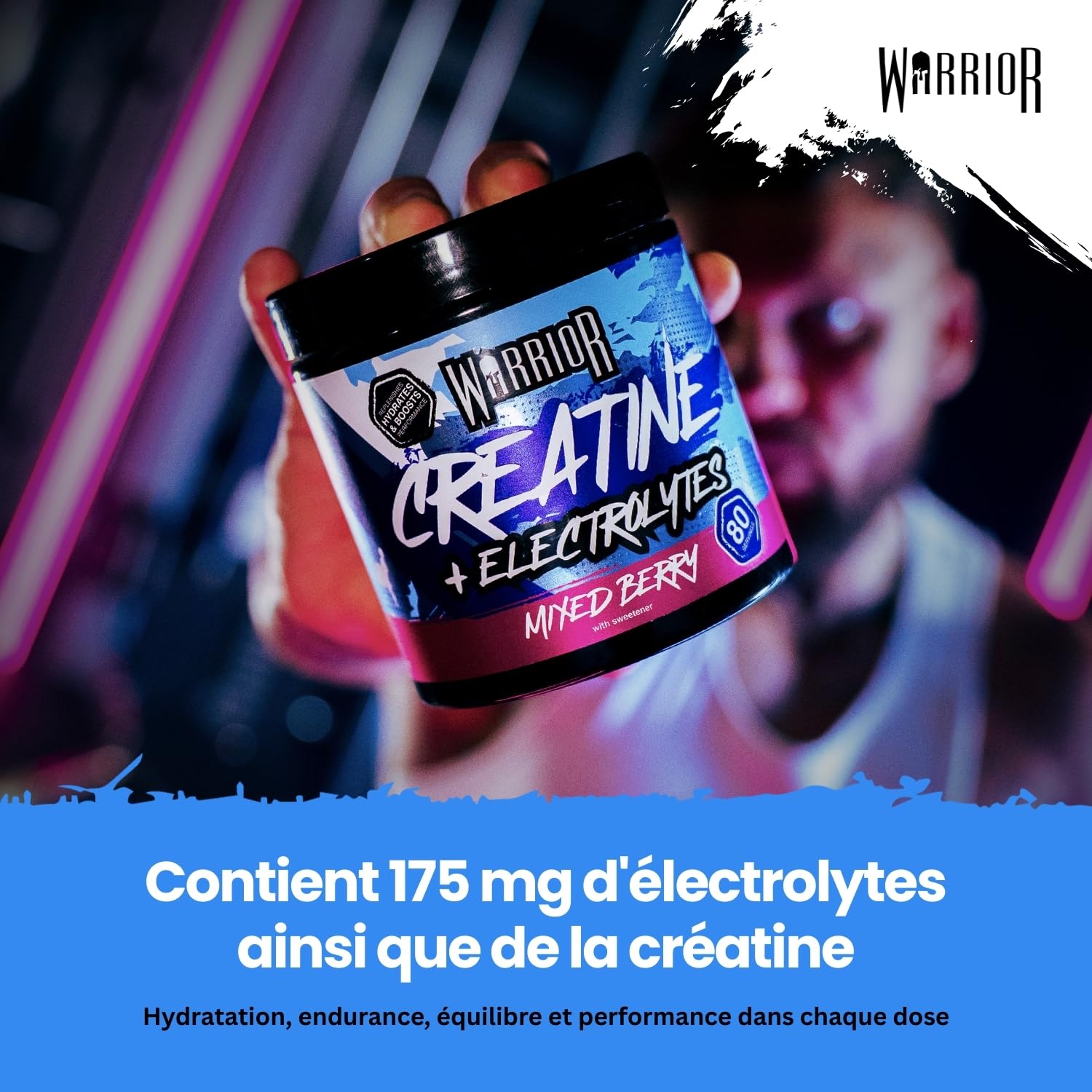 Warrior Créatine Monohydrate + Électrolytes Poudre 360 g, 80 Doses – Créatine Poudre avec Électrolytes, Intra Workout Prise de Masse & Hydratation, Sans Sucre – Mélange de Baies
