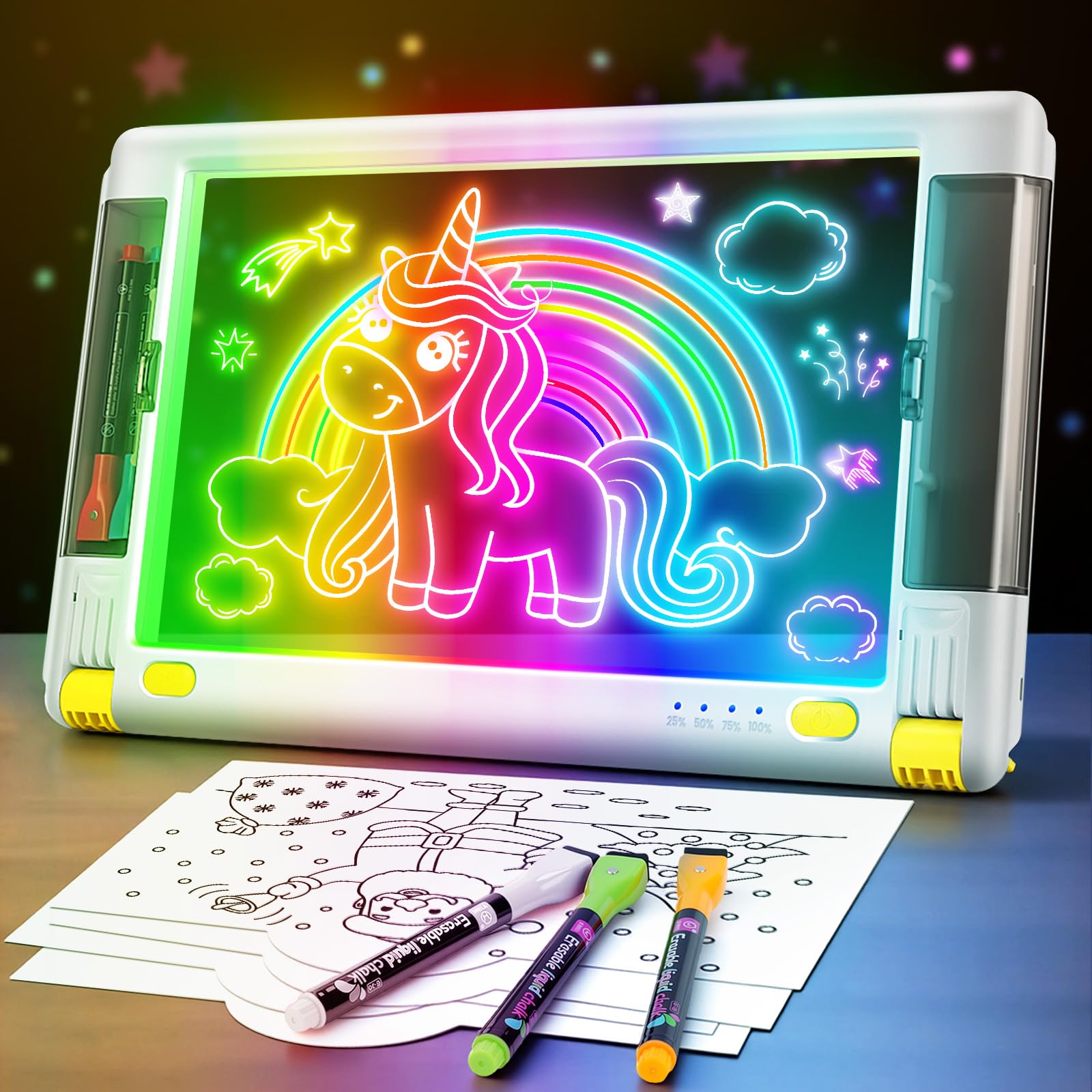Rechargeable LED Drawing Board, 15 Inch Lumiboard 9-Color Light Modes Neon Art Light Up Writing Tablet Tracing Pad for Kids, Sketching Gift Toy for Teens, 5 Markers, 10 Tracing Sheets