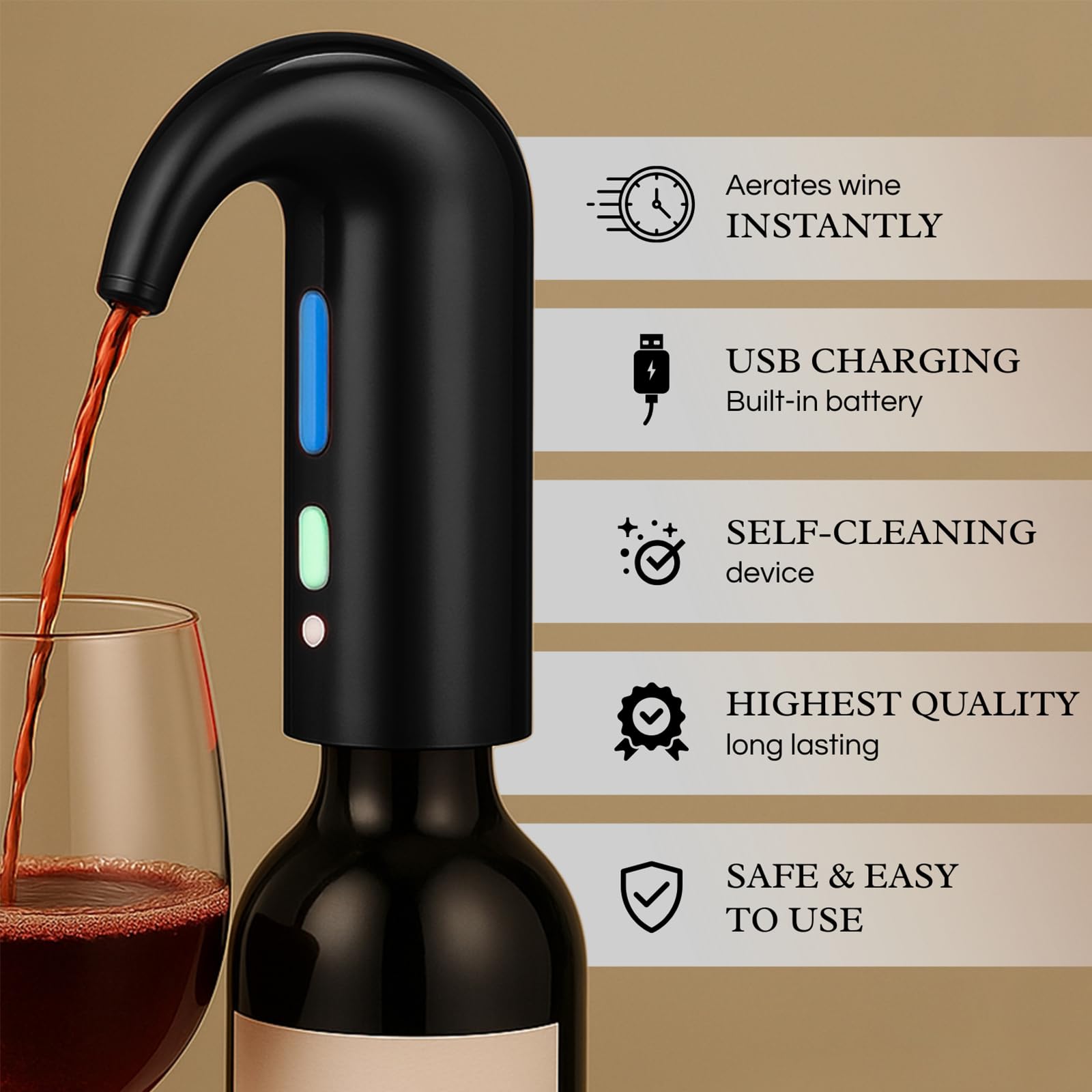 Aérateur de vin électrique – Accessoire de vin portable de qualité supérieure pour vins rouges et blancs, aération tactile pour vin et spiritueux – Débutant et amateur – Bec verseur – Cadeaux de vin