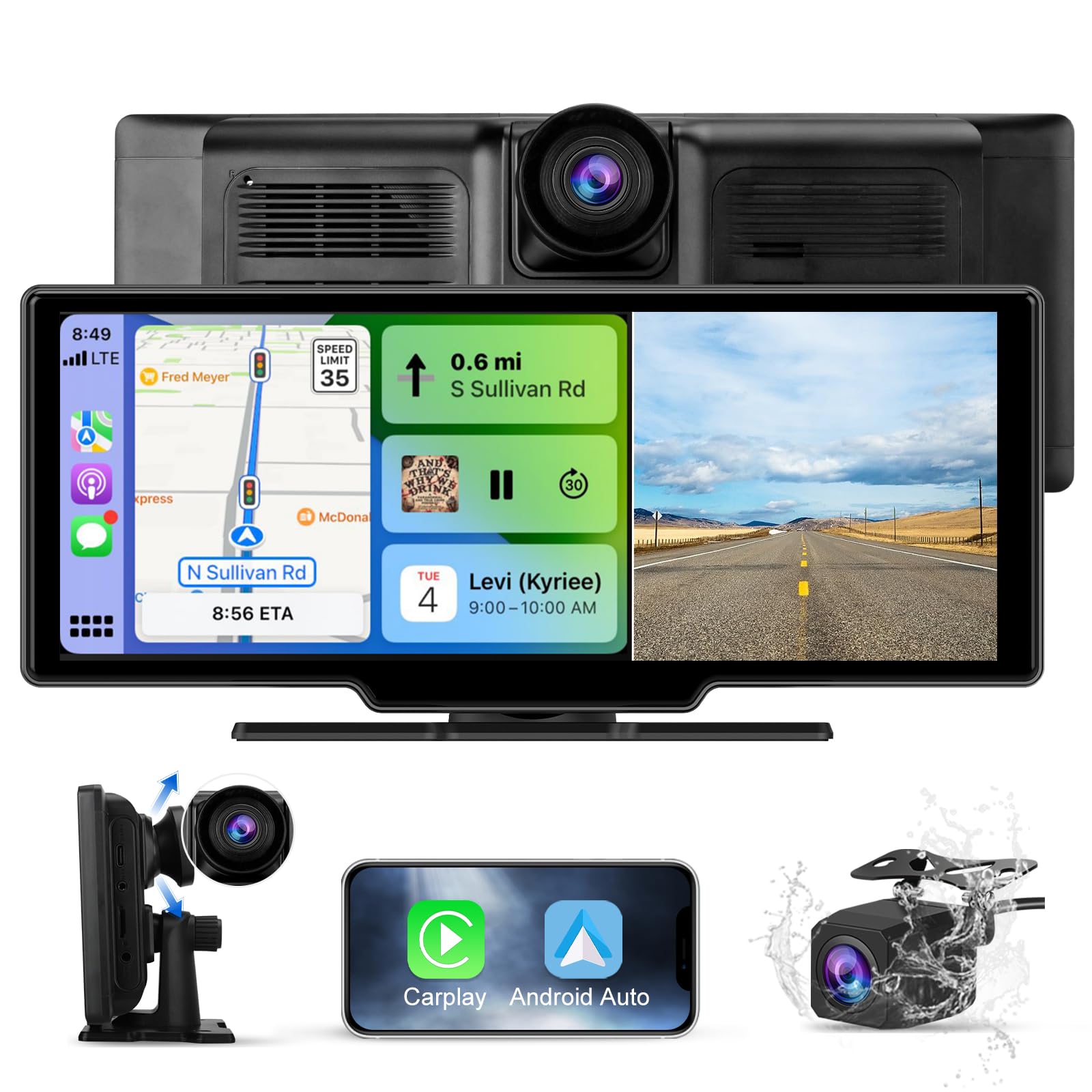 AWESAFE Pantalla Táctil de 10.26 Pulgadas para Coche con CarPlay/Android Auto Inalámbrico, Pantalla Portátil con Dashcam 4K Frontal/Cámara Trasera de HD 1080P/Control por Voz/Bluetooth/Mirror Link
