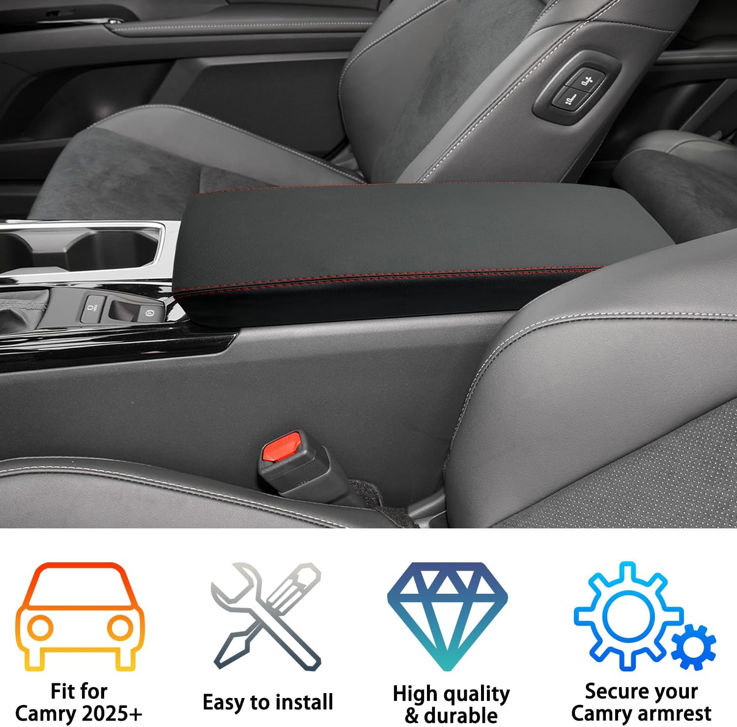 Armrest Lid Accessories for Toyota Camry 2025 2026, Center Console Cover, Arm Rest Box Protective Cover, Armrest Lid Leather Cover, Custom Armrest Interior, Middle Console Cover (Red Stitches)