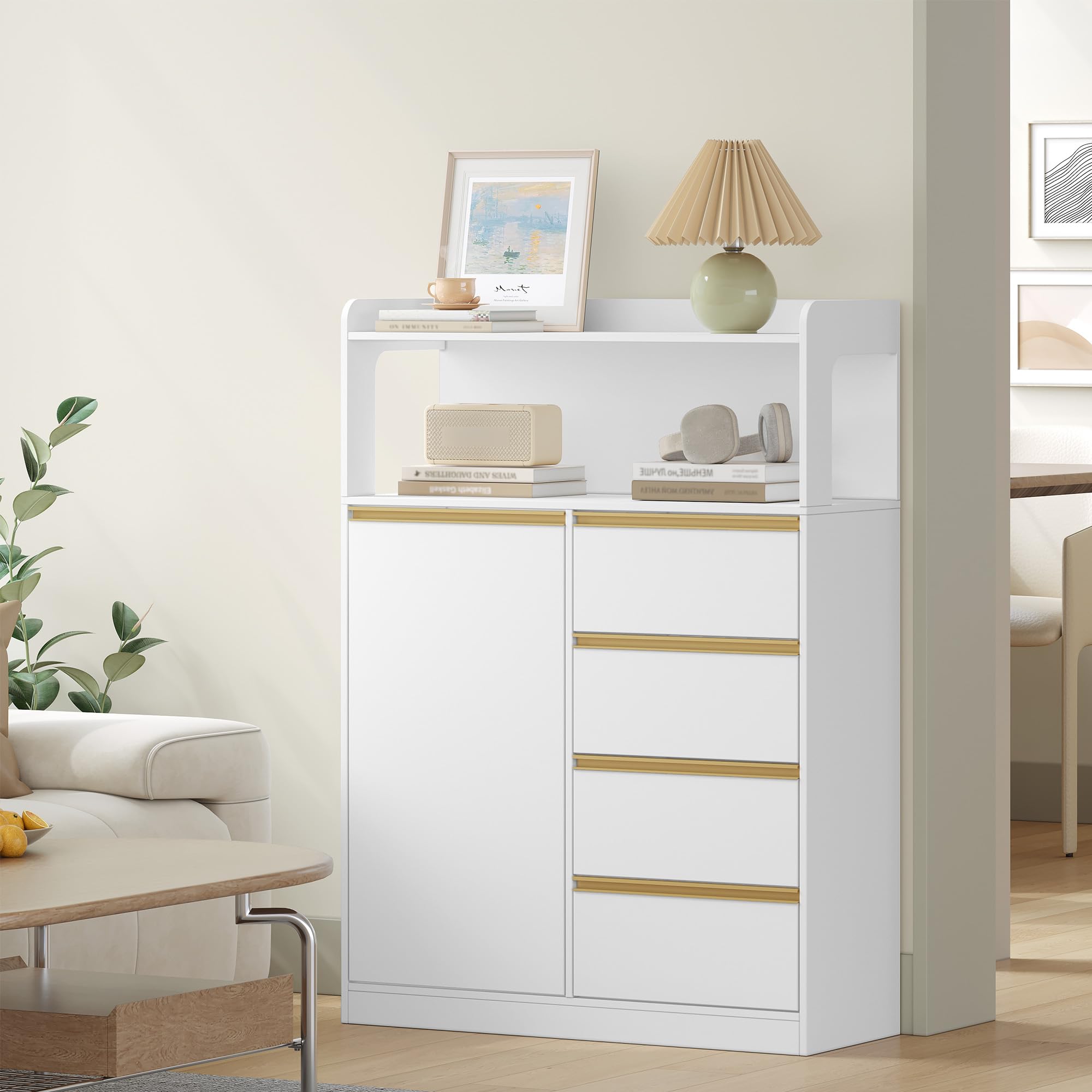 HEXCELEN Mobile da Bagno, Armadietto Autoportante, con 4 Cassetto e Ripiano Regolabile, Armadietto da Salvaspazio con Cassetto Spazioso, per Bagno, Soggiorno, Corridoio, Bianco-Oro, 30x80x110cm