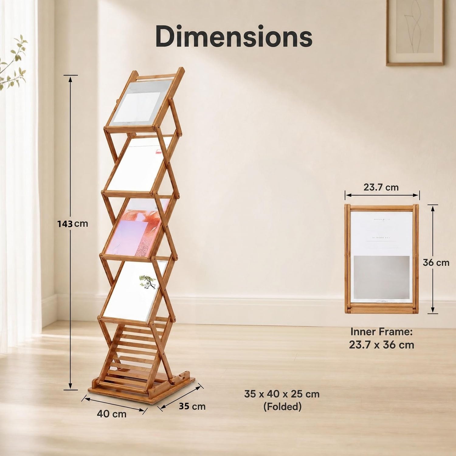 Foldable Bamboo Magazine Rack Floor Stand, 5 Pockets A4 Display Holder