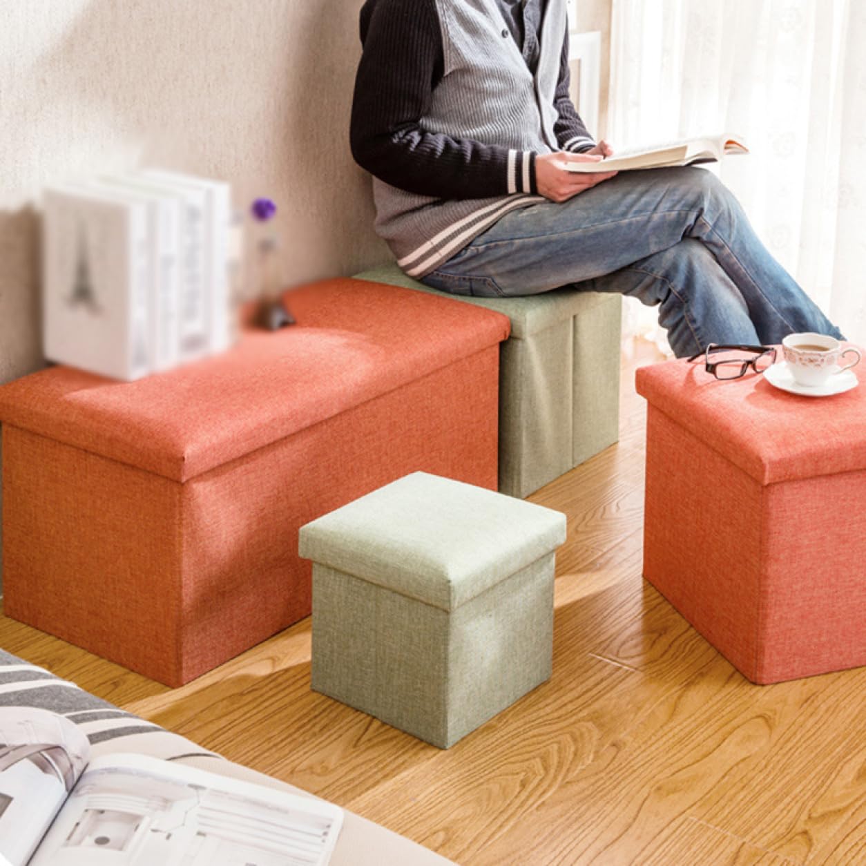 Amazon｜NJNEW 収納スツール お洒落 ワイドタイプ オレンジ