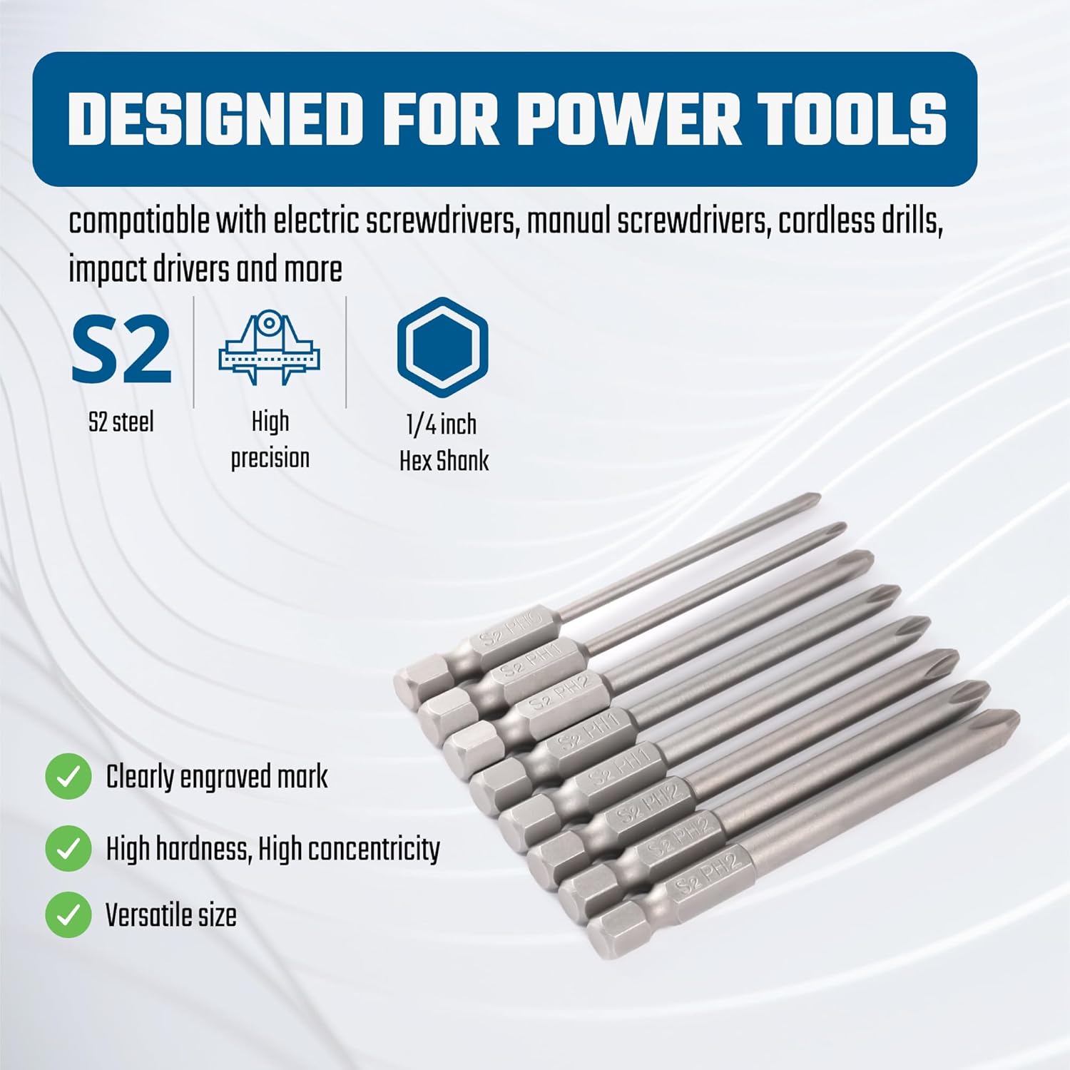 VESTTIO Phillips Cross slot Screwdriver Bit Set 8PCS 1/4 Inch Hex Shank 3 Inch/75 mm Length S2 Steel with Magnetic for Power Screwdriver Impact Drill