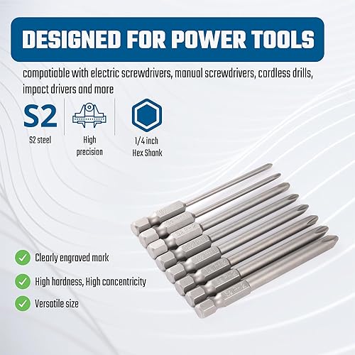 Miniatura 2 de Phillips - Juego de puntas de destornillador con ranura cruzada, 8 unidades, vástago hexagonal de 14 de pulgada, 3 pulgadas2.953 in de longitud,