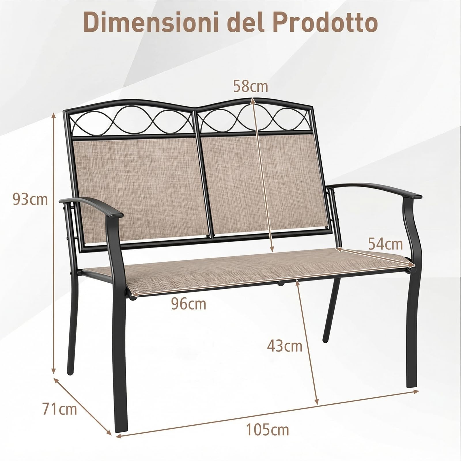 COSTWAY Panca da Esterno per 2 Persone con Tessuto Traspirante in Textilene | Divano in Metallo Robusto con Braccioli Curvi per Giardino, Veranda, Piscina, Portata Massima 300 kg