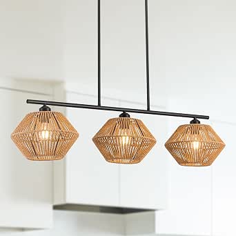 3-Light Rattan Chandeliers for Dining Room, Boho Light Fixture with Hand-Worked Woven Cage Lampshade, Farmhouse Kitchen Island Lighting Fixtures for Dining Room, Living Room