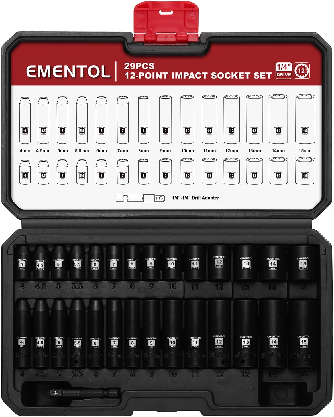 EMENTOL 1/4" Drive Impact Socket Set, 29 Pieces Deep & Shallow Socket Set, Metric 4-15mm, 12 Point CR-V, Includes Drill Bit Adapter